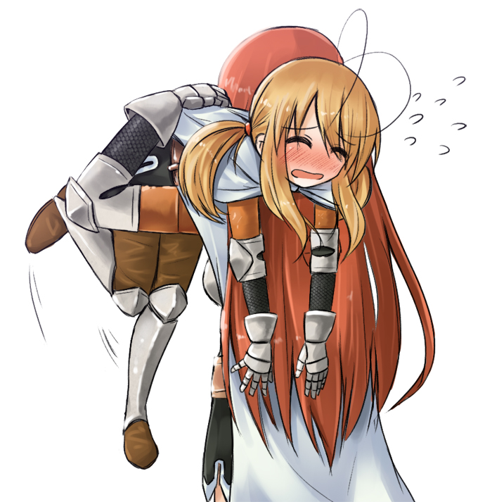 2girls antenna_hair arisen_(dragon&#039;s_dogma) armor blonde_hair blush cape chainmail closed_eyes dragon&#039;s_dogma dragon&#039;s_dogma_(series) elbow_pads full-face_blush gameplay_mechanics gauntlets greaves height_difference long_hair multiple_girls pants pawn_(dragon&#039;s_dogma) red_hair sidelocks silent_sakia struggling take_it_home twintails