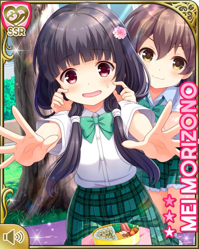2girls black_hair bow card_(medium) closed_mouth cup day girlfriend_(kari) green_bow green_skirt hair_ornament hiragi_makoto kneeling low_twintails morizono_mei mug multiple_girls official_art open_mouth orange_eyes outdoors plaid_clothes plaid_skirt pleated_skirt qp:flapper school_uniform shoes skirt smile socks tagme tugging twintails v-shaped_eyebrows