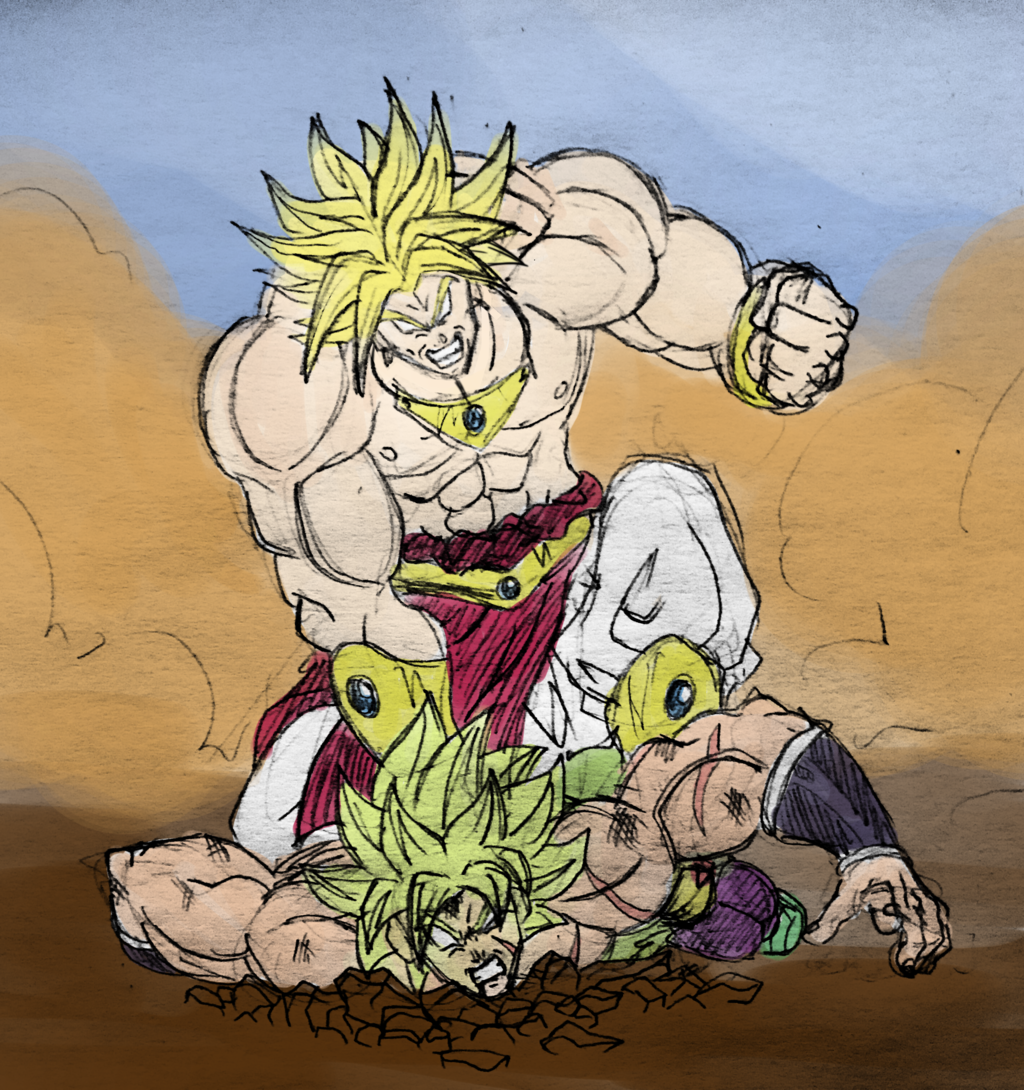 10s 2boys aura battle boots bracelet broly_(dragon_ball_super) broly_(dragon_ball_z) dragon_ball dragon_ball_super dragon_ball_super_broly dragonball_z dual_persona duel earrings green_hair jewelry jmbfanart legendary_super_saiyan male_focus multiple_boys muscular no_pupils outdoors scar topless_male short_hair spiked_hair super_saiyan teeth wristband