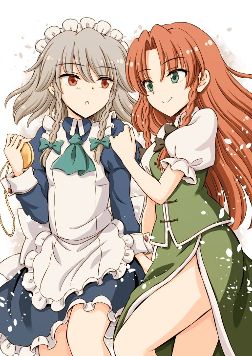 2girls apron ascot bare_legs blue_shirt blue_skirt bow braid china_dress chinese_clothes dress frilled_apron frilled_skirt frills green_ascot green_bow green_eyes green_skirt green_vest grey_hair hand_on_another&#039;s_shoulder hirasaka_makoto holding holding_pocket_watch hong_meiling izayoi_sakuya long_sleeves looking_at_another maid maid_apron maid_headdress multiple_girls no_headwear orange_hair pocket_watch puffy_short_sleeves puffy_sleeves red_eyes shirt short_sleeves skirt smile snow touhou twin_braids vest watch white_trim yuri