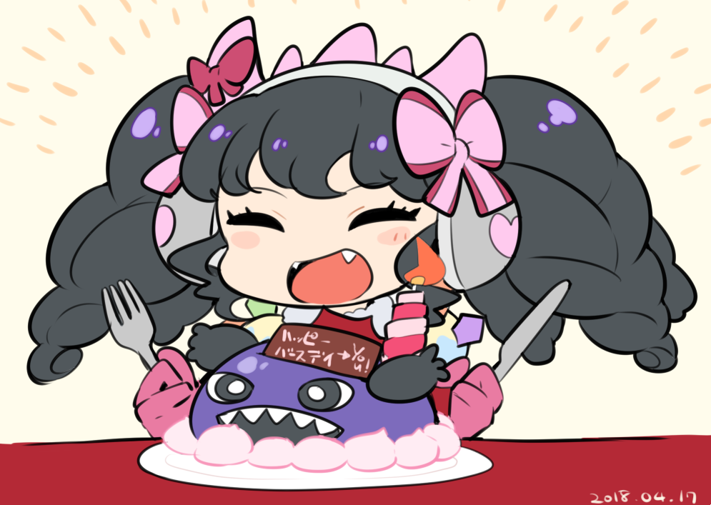 1girl :d ^_^ birthday birthday_cake black_hair bow cake character-themed_food chibi chibi_only closed_eyes commentary_request dated facing_viewer food fork gaaruru_(pripara) gajira_(pripara) gloves hair_bow happy_birthday headphones holding holding_fork holding_knife idol_clothes knife long_hair mzh open_mouth pink_bow pink_gloves plate pretty_series pripara sidelocks smile solo translation_request twintails