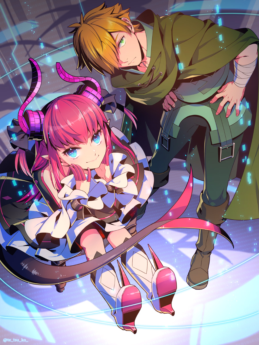 1boy 1girl asymmetrical_horns bandaged_arm bandages cape closed_mouth commentary_request curled_horns dragon_girl dragon_horns dragon_tail dress elizabeth_bathory_(fate) elizabeth_bathory_(fate/extra) fate/extra fate/extra_ccc fate_(series) green_cape hair_over_one_eye hands_on_own_hips high_heels highres horns leaning_forward long_hair orange_hair pink_hair pointy_ears robin_hood_(fate) sitting smile tail tetsukuzu_tetsuko uneven_horns white_dress