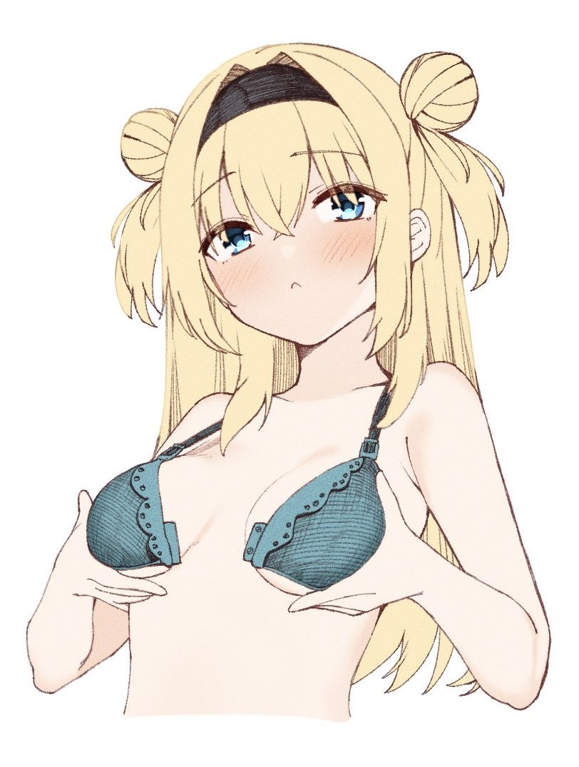 1girl :&lt; armpit_crease bare_shoulders black_hairband blonde_hair blue_eyes blush bra breasts breasts_apart chitose_sana closed_mouth collarbone commentary cropped_torso crossed_bangs double_bun eyes_visible_through_hair front-hook_bra grabbing_own_breast hair_between_eyes hair_bun hair_intakes hairband hand_up hands_up long_hair looking_at_viewer medium_breasts open_bra simple_background solo straight_hair tenshinranman tft_(tft7822) two_side_up underwear underwear_only upper_body white_background