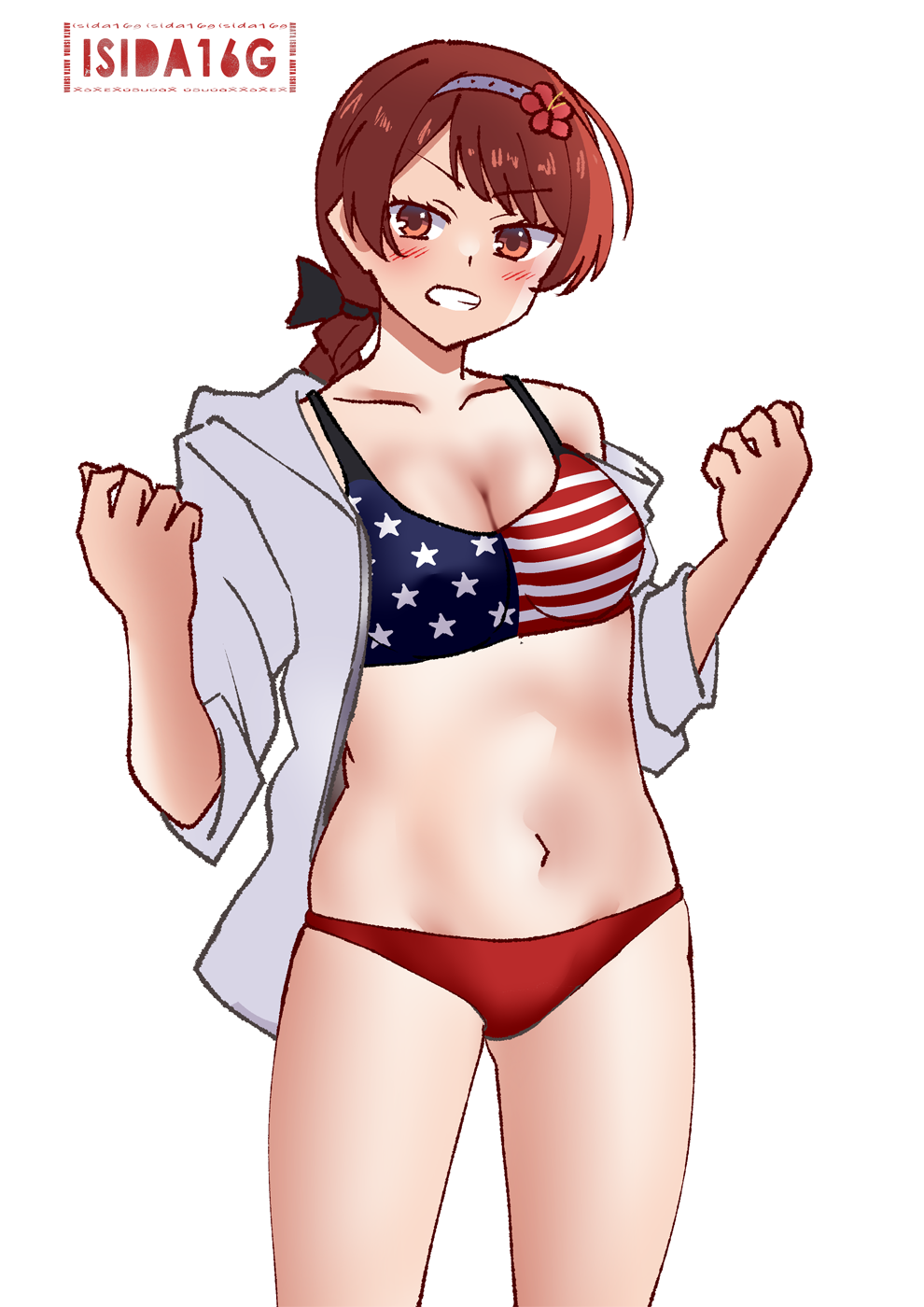 1girl american_flag american_flag_bikini american_flag_print artist_logo bikini bikini_under_clothes braid braided_ponytail commentary cowboy_shot curled_fingers english_commentary flag_print flag_print_bikini grin highres hood hooded_jacket ishida_arata jacket kantai_collection logo looking_at_viewer low_ponytail mismatched_bikini navel nevada_(kancolle) nevada_kai_(kancolle) nevada_kai_mod.2_(swimsuit)_(kancolle) open_clothes open_jacket ponytail print_bikini red_eyes red_hair simple_background single_braid smile solo swimsuit w_arms white_background white_jacket