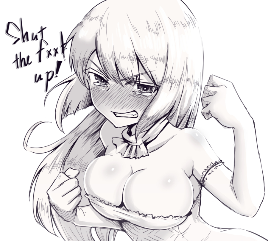 1girl blush breasts cleavage clenched_teeth dress elbow_gloves english_text female_focus gloves large_breasts liar_lawyer long_hair looking_at_viewer marian_e._carl monochrome noble_witches profanity solo strapless strapless_dress strike_witches tears teeth world_witches_series