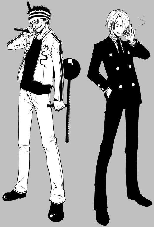 2boys bad_id bad_pixiv_id cigarette east_blue formal_clothes gin_(one_piece) greyscale jii male_focus monochrome multiple_boys one_piece sanji_(one_piece) smoking suit