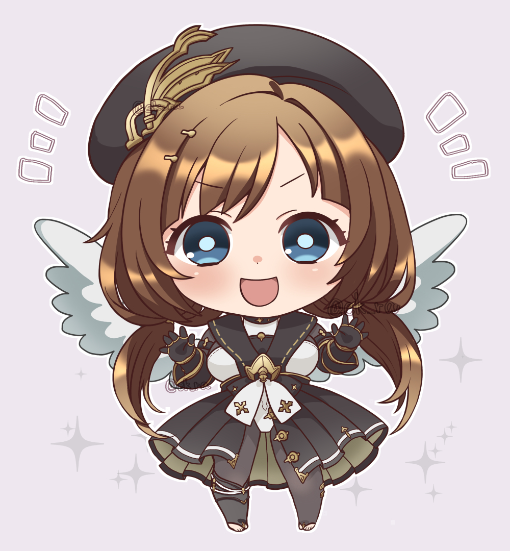 1girl beret black_bodysuit black_gloves blue_eyes bodysuit brown_hair chibi chibi_only ekra gloves granblue_fantasy hat long_hair no_shoes pantyhose raziel_(granblue_fantasy) showgirl_skirt smile twintails wings