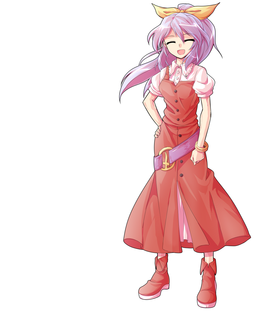 1girl alphes_(style) belt boots bracelet breasts buttons closed_eyes collared_shirt commentary_request dairi dress dress_shirt full_body hair_ribbon hand_on_own_hip high_ponytail highres jewelry large_variant_set legs_apart long_hair o-ring open_mouth parody platform_boots ponytail puffy_short_sleeves puffy_sleeves purple_belt purple_hair red_boots red_dress ribbon shirt short_sleeves small_breasts smile solo standing style_parody tachi-e touhou transparent_background undershirt variant_set watatsuki_no_yorihime white_shirt yellow_ribbon