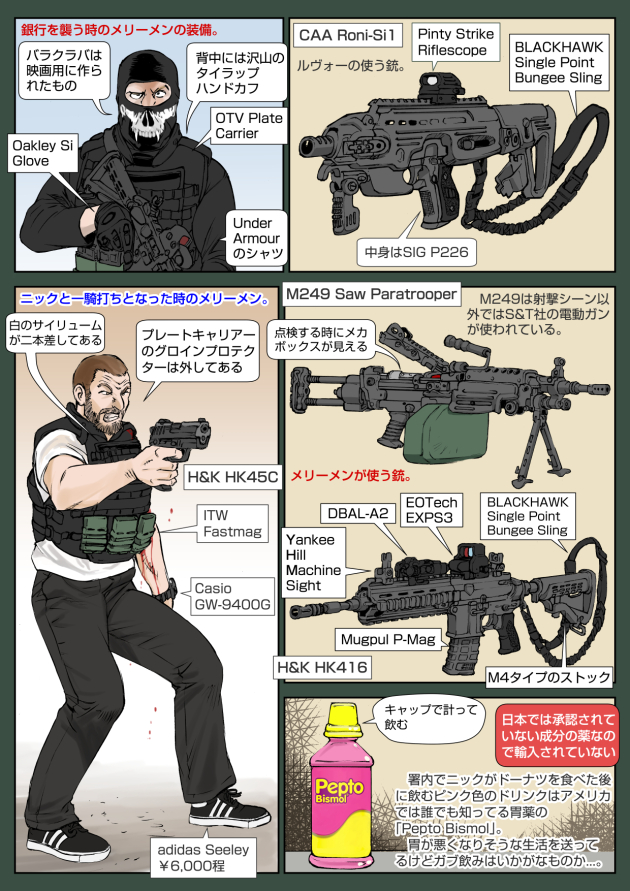 2boys accessories adidas ammunition_box assault_rifle blood brown_hair bulletproof_vest caa_industries caa_roni caa_roni-si1 carbine den_of_thieves english_text fn_herstal gun h&amp;k_hk416 h&amp;k_hk416d h&amp;k_hk45 h&amp;k_hk45c handgun heckler_&amp;_koch japanese_text light_machine_gun looking_at_viewer m249_saw machine_gun multiple_boys muta_koji pepto_bismol pistol ray_merrimen rifle shoulder-stocked_handgun sig_p220/p226 sig_sauer squad_automatic_weapon story_time_(muta_koji) translation_request weapon weapon_focus weapon_name weapon_profile