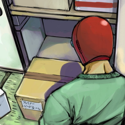 00s 1boy box cardboard_box lowres male_focus mask michael_f91 shirt solo sunred t-shirt tentai_senshi_sunred translation_request