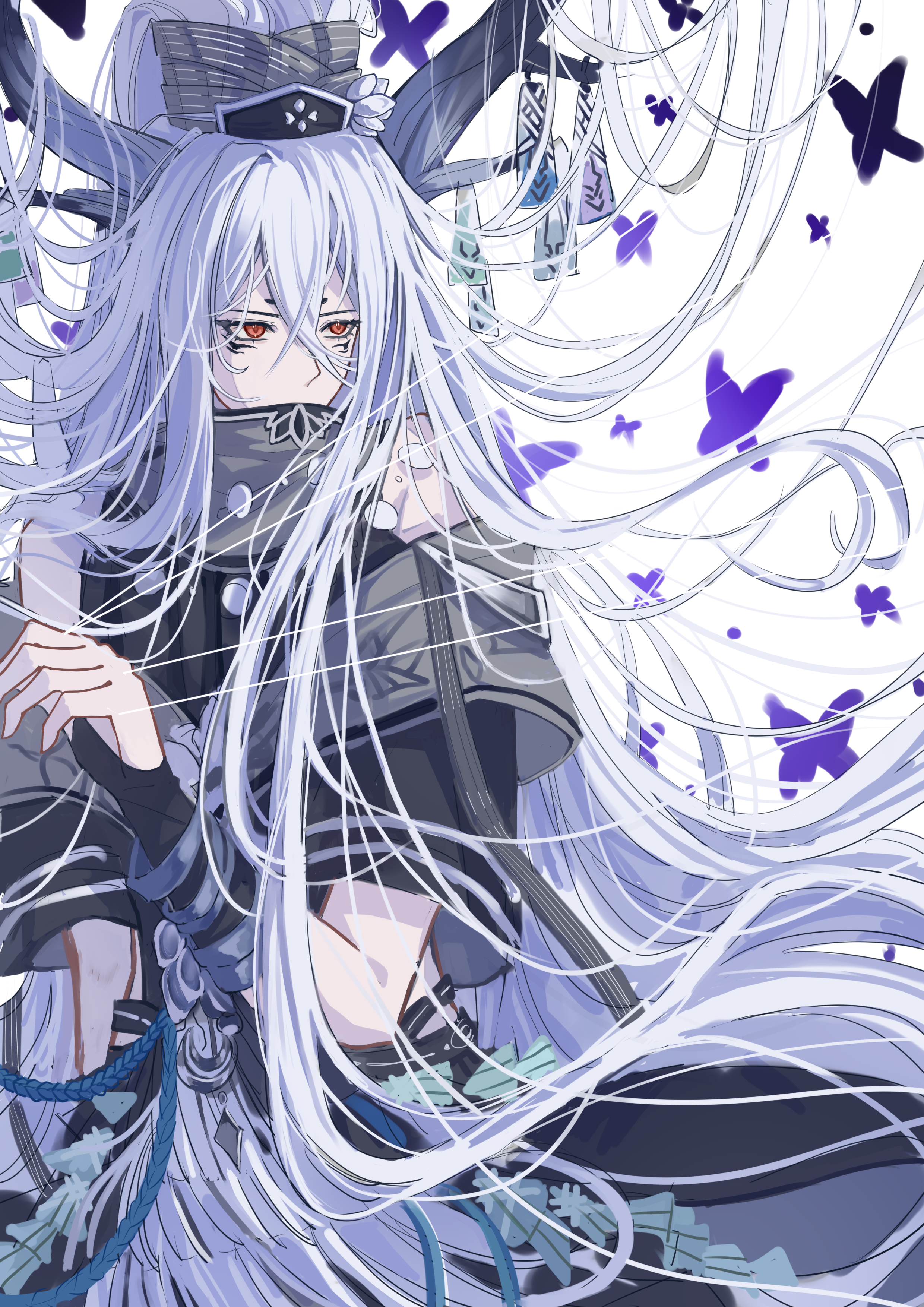 1boy absurdres arm_warmers bare_shoulders bijia black_horns black_robe blue_horns blue_rope bug butterfly chinese_clothes cihe185404 clothing_cutout covered_mouth facial_mark gossamer_omasum_(the_tale_of_food) gradient_horns grey_scarf hair_between_eyes hair_flowing_over hair_ornament half_updo hand_up high_ponytail highres holding holding_string horns insect long_bangs long_hair looking_to_the_side male_focus multicolored_horns ponytail puppet_strings purple_butterfly red_eyes robe rope scarf scarf_over_mouth short_eyebrows shoulder_cutout solo string talisman the_tale_of_food three-quarter_sleeves transparent_background very_long_hair white_hair