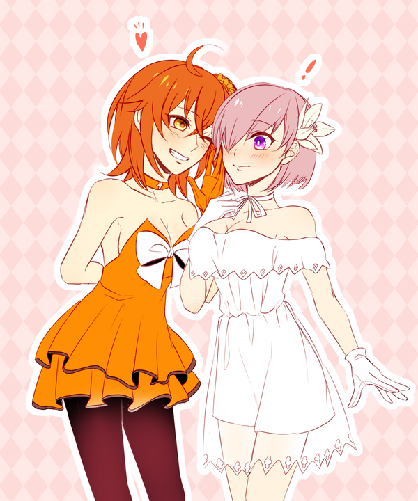 ! 2girls ahoge argyle_background argyle_clothes arm_behind_back bad_id bad_pixiv_id black_legwear bow breasts choker cleavage collarbone dress fate/grand_order fate_(series) flower fujimaru_ritsuka_(female) fujimaru_ritsuka_(female)_(starlight_fest) gloves grin hair_flower hair_ornament hair_scrunchie heart layered_dress mash_kyrielight mash_kyrielight_(formal_dress) medium_breasts medium_hair multiple_girls official_alternate_costume one_eye_closed orange_dress orange_hair orange_scrunchie pantyhose pink_background purple_hair redrabbit44 ribbon ribbon_choker scrunchie short_dress short_hair side_ponytail sideboob sleeveless sleeveless_dress smile strapless strapless_dress white_bow white_dress white_flower white_gloves white_ribbon