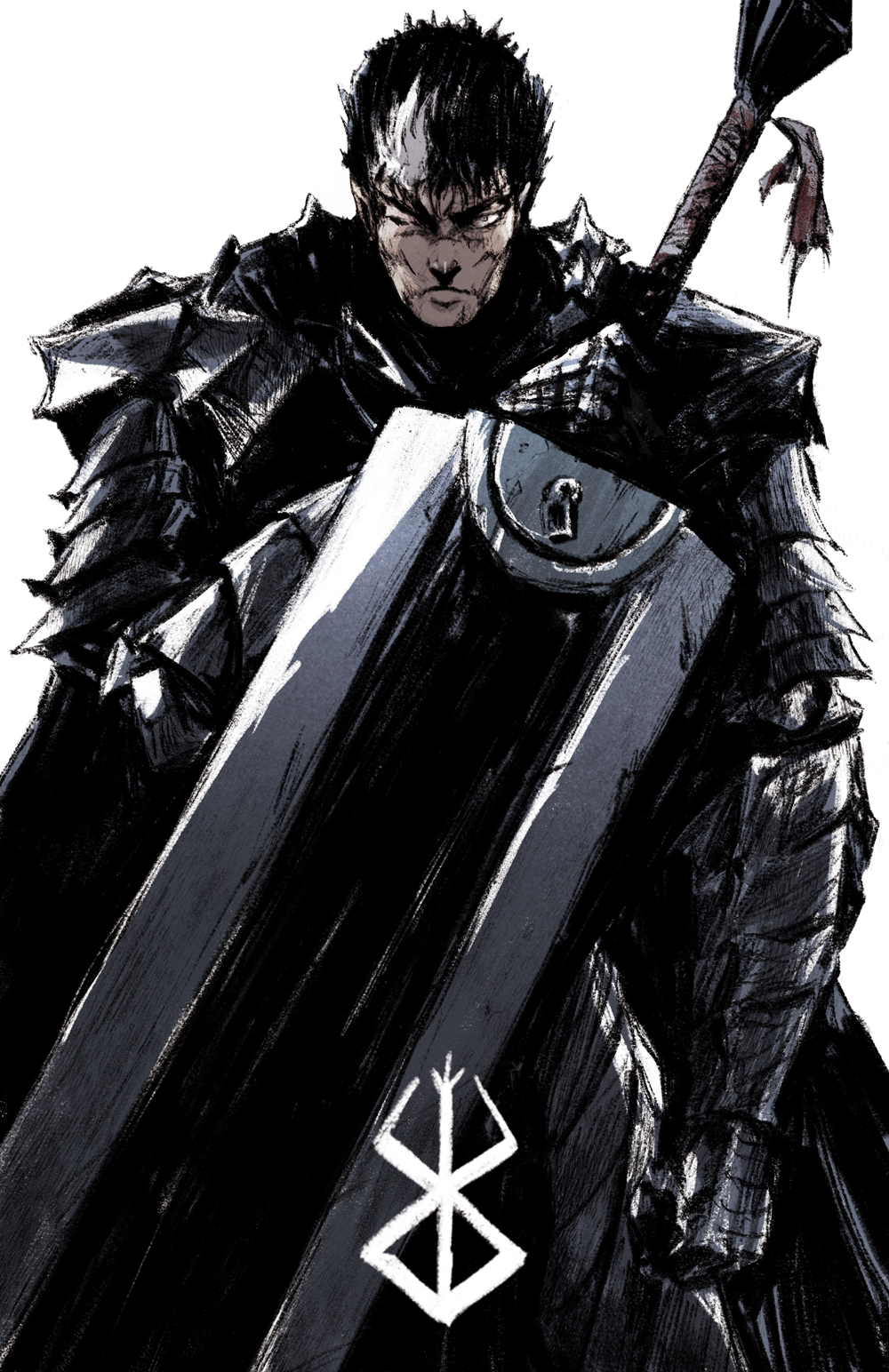 1boy armor berserk berserker_armor black_armor black_hair brand_of_sacrifice cape chun_lo closed_mouth cowboy_shot dragonslayer_(sword) gauntlets greatsword guts_(berserk) highres holding holding_sword holding_weapon looking_at_viewer male_focus multicolored_hair one_eye_closed scar scar_on_face short_hair solo sword two-tone_hair weapon white_background white_hair