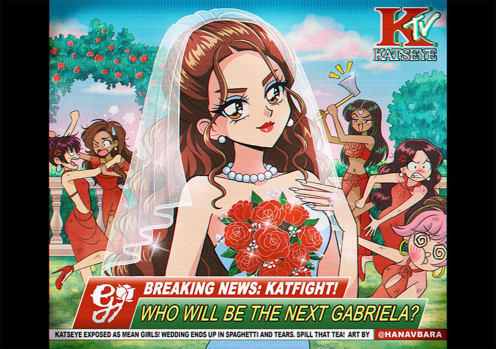 6+girls @_@ anger_vein animification axe bouquet breaking_news bridal_veil brown_eyes brown_hair closed_mouth commentary daniela_(katseye) dark-skinned_female dark_skin dress earrings flower halter_dress halterneck hanavbara holding holding_axe holding_bouquet hoop_earrings jewelry katseye lara_(katseye) long_hair manon_(katseye) megan_(katseye) multiple_girls necklace pearl_earrings pearl_necklace pink_hair red_dress red_flower red_lips red_rose red_skirt red_tube_top rose skirt slap_mark sophia_(katseye) strapless strapless_dress sweatdrop tube_top veil wavy_hair wedding_dress white_dress white_nails yoonchae_(katseye)