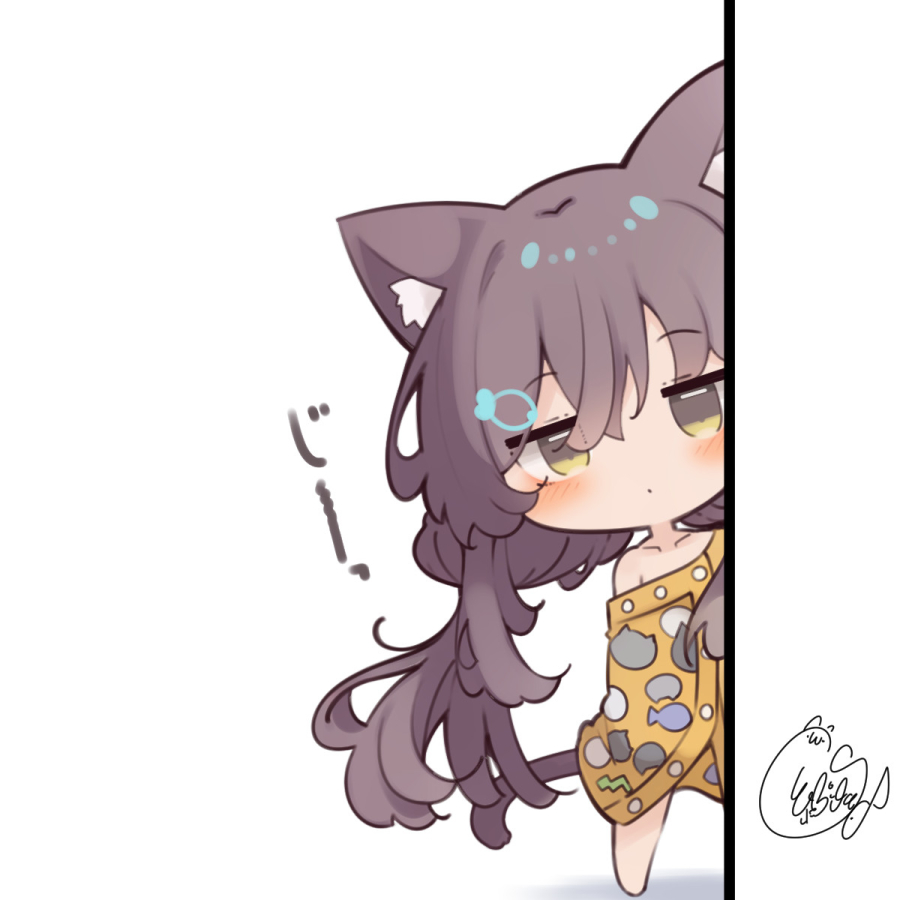 1girl animal_ears bare_shoulders barefoot beni_shake blush brown_eyes brown_hair cat_ears cat_girl cat_tail chibi closed_mouth collarbone commentary_request fish_hair_ornament hair_between_eyes hair_ornament long_hair low_twintails off_shoulder peeking_out reverseblue_x_re-birthend signature simple_background solo standing tail twintails very_long_hair white_background wrap_towel xion_(reverseblue)