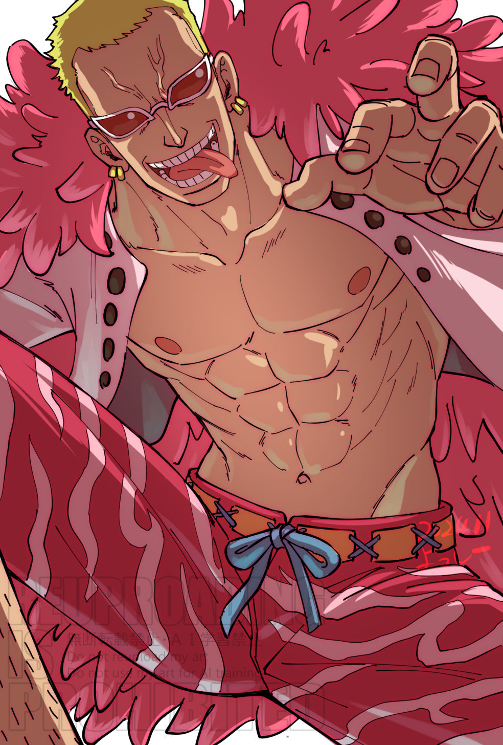 1boy blonde_hair capri_pants coat donquixote_doflamingo earrings feet_out_of_frame highres jewelry leg_hair male_focus multiple_earrings muscular muscular_male one_piece open_clothes open_mouth open_shirt pants pink_coat shirt short_hair sunglasses teeth tongue tongue_out veiny_face wanmonimoni white_shirt