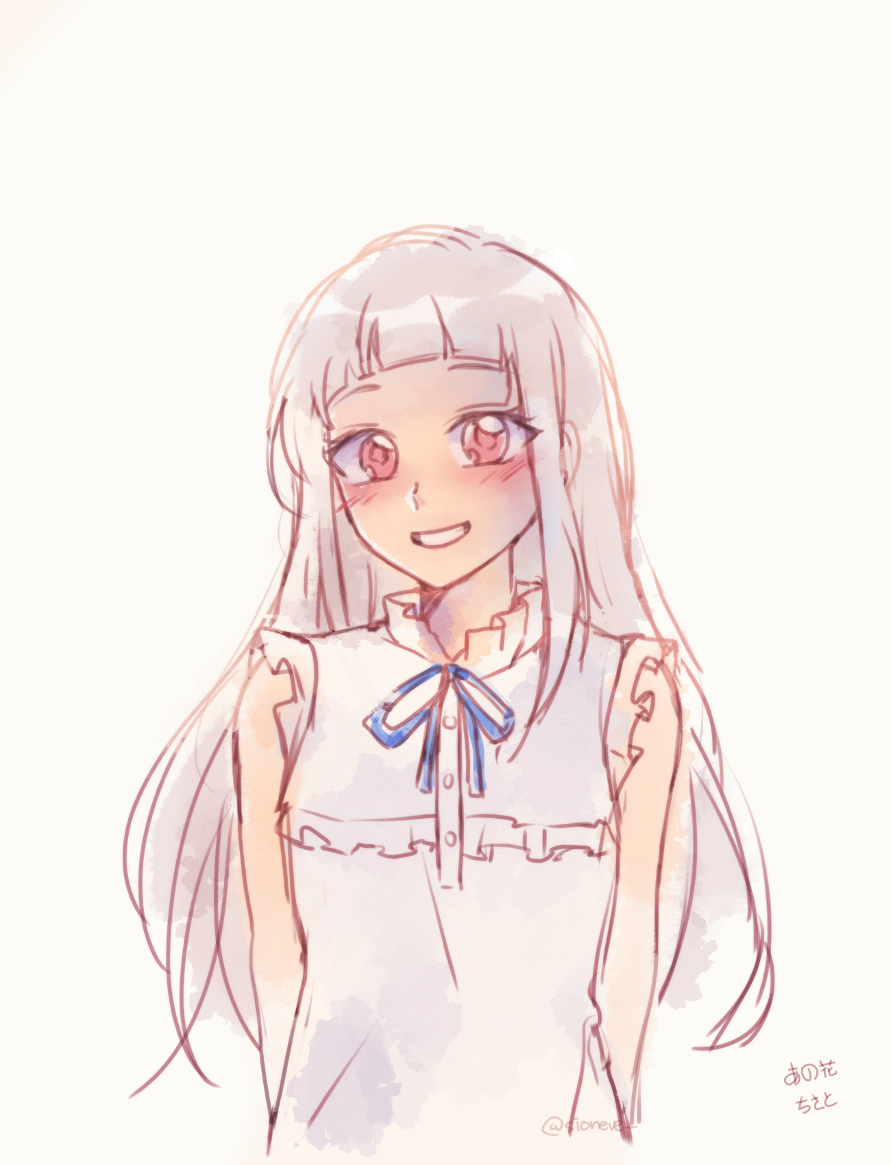 alt_text ano_hi_mita_hana_no_namae_wo_bokutachi_wa_mada_shiranai. arashi_chisato arched_bangs blush color_connection commentary cosplay dress english_commentary frilled_dress frills grey_hair grin hair_color_connection highres honma_meiko honma_meiko_(cosplay) looking_at_viewer love_live! love_live!_superstar!! mixed-language_commentary red_eyes sidelocks simple_background sioneve sleeveless sleeveless_dress smile translation_request twitter_username upper_body white_background white_dress