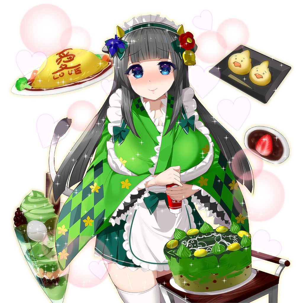 1girl apron black_hair blue_eyes breasts cake cow_girl cow_horns cow_tail daifuku food frilled_sleeves frills green_kimono horns japanese_clothes kimono kusaka_souji large_breasts long_hair maid maid_apron maid_headdress matcha_(food) matcha_parfait miru_holstein omelet omurice parfait tail uchi_no_hime-sama_ga_ichiban_kawaii wa_maid wide_sleeves