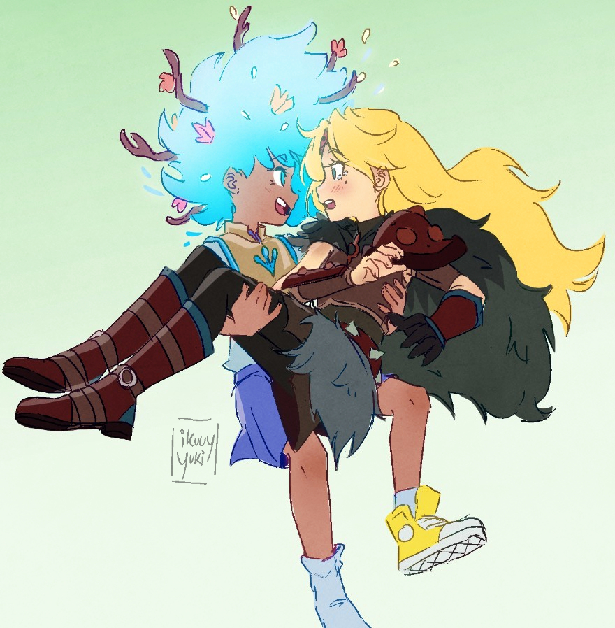 2girls amphibia anne_boonchuy anne_boonchuy_(calamity_form) armor blonde_hair blue_eyes blue_hair blush boots breastplate cape carrying dark-skinned_female dark_skin eye_contact full_body fur_cape fur_skirt gloves gradient_background ikuuyyuki leaf leaf_on_head long_hair looking_at_another mole mole_under_eye multiple_girls open_mouth pantyhose pleated_skirt princess_carry resistance_costume_(amphibia) sasha_waybright shoes shoulder_armor signature single_glove single_shoe skirt smile socks spiked_belt surprised tearing_up teeth upper_teeth_only yuri