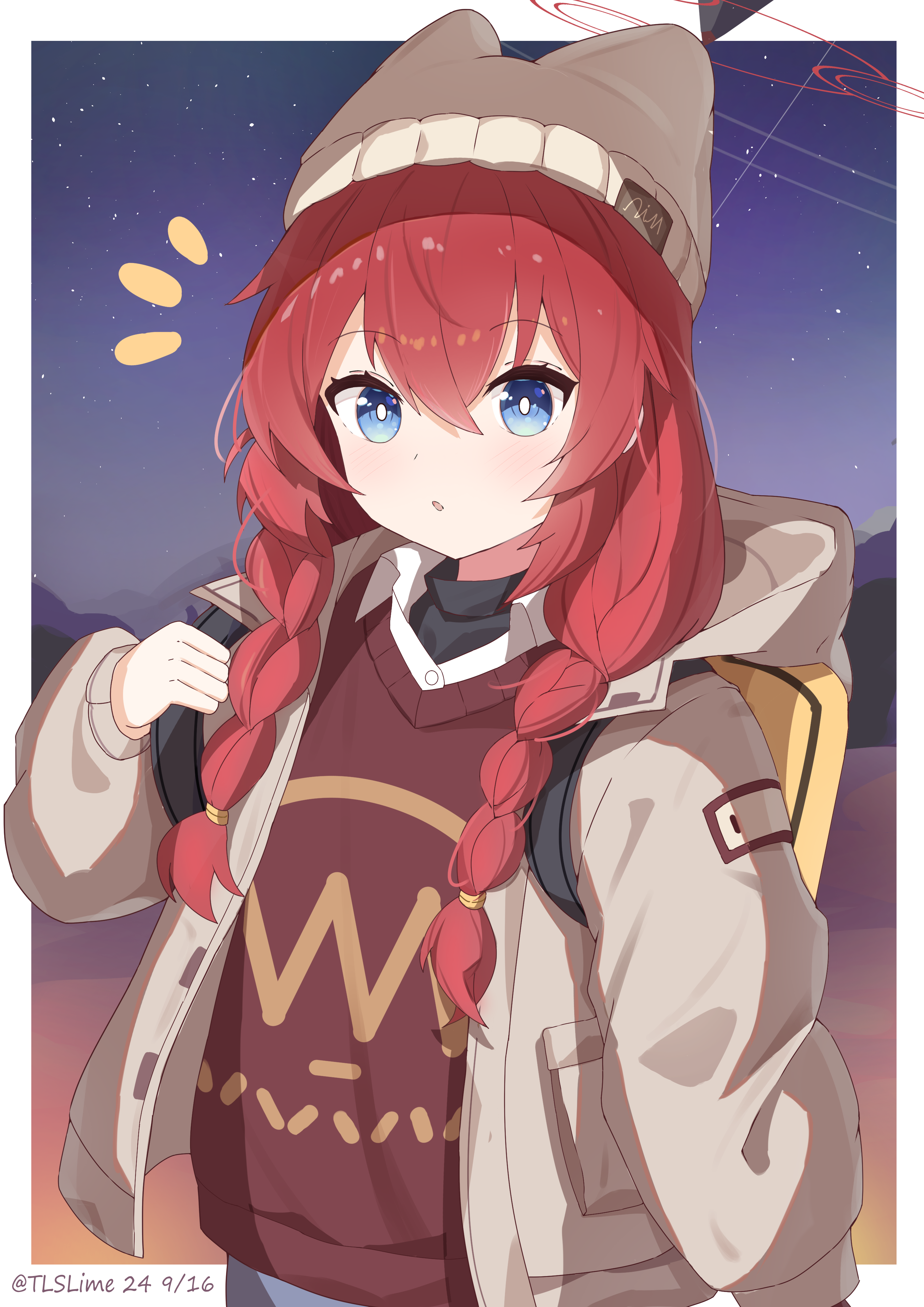 1girl absurdres alternate_costume artist_name backpack bag black_undershirt blue_archive blue_eyes border commentary_request hair_between_eyes halo hat heart highres hood hooded_jacket jacket long_hair long_sleeves looking_at_viewer low_twintails maki_(blue_archive) maki_(camp)_(blue_archive) night night_sky official_alternate_costume official_alternate_hairstyle open_clothes open_jacket parted_lips red_hair red_sweater red_sweater_vest sidelocks simple_background sky smile solo surprised sweater sweater_vest tlslime twintails white_border