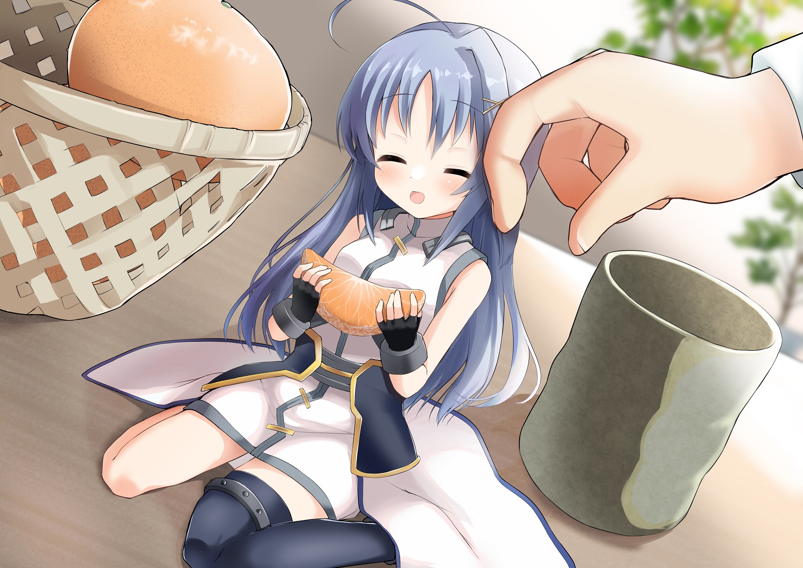 1girl 1other 2022 :d ^_^ ahoge backlighting black_gloves black_thighhighs blue_hair blurry blurry_background blush closed_eyes commentary commission cup dated_commentary dress dutch_angle facing_viewer fingerless_gloves food fruit gloves hair_ornament hands_up happy headpat highres holding holding_food holding_fruit huge_ahoge indoors long_hair lyrical_nanoha mandarin_orange mandarin_orange_slice open_mouth parted_bangs reinforce_zwei single_hair_intake single_thighhigh sitting skeb_commission sleeveless sleeveless_dress smile solo_focus takepoison thighhighs very_long_hair wariza white_dress x_hair_ornament zettai_ryouiki