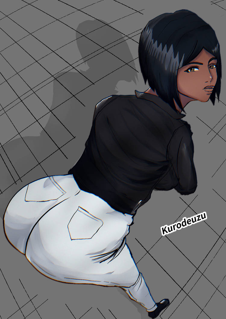 1girl artist_name ass ass_focus bent_over bleach bob_cut breasts dark_skin foreshortening jackie_tristan large_breasts looking_at_viewer looking_back non-web_source solo standing thighs wide_hips