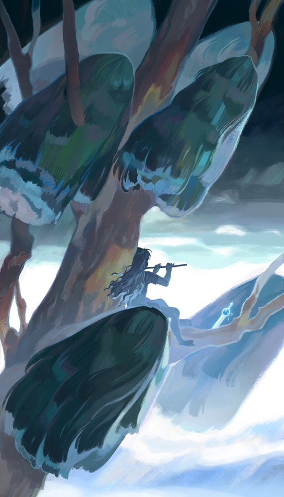 1girl adventure_time animification barefoot black_hair black_shirt black_sleeves character_request check_character cloud cloudy_sky commentary english_commentary flute from_behind holding_flute holding_instrument instrument long_hair marceline_abadeer mcmeao music outdoors playing_instrument shirt short_sleeves sky solo sword tarot temperance_(tarot) tree weapon wide_shot