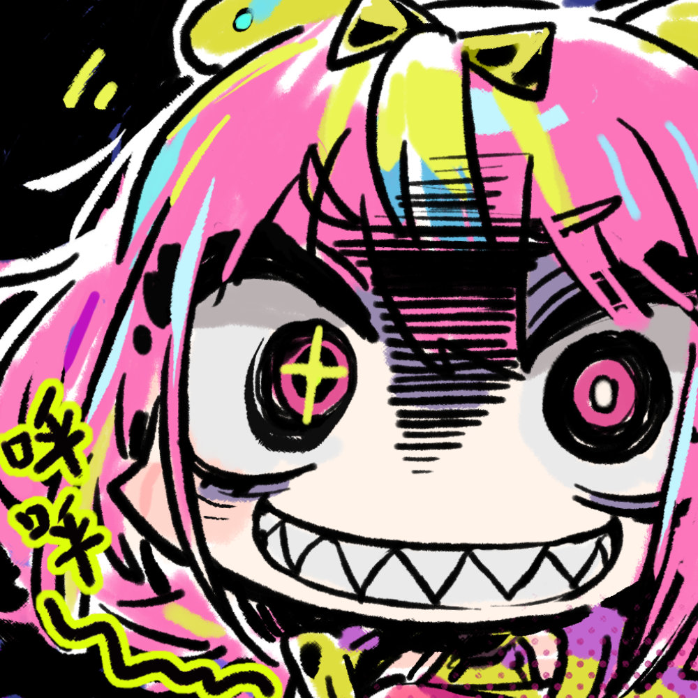 1girl blonde_hair blue_hair chibi chibi_only chinese_commentary chinese_text cui_pi_zha_xia_qiu evil_grin evil_smile girls&#039;_frontline girls&#039;_frontline_neural_cloud grin official_art pink_eyes pink_hair puzzle_(neural_cloud) second-party_source sharp_teeth smile solo star-shaped_pupils star_(symbol) symbol-shaped_pupils teeth wide-eyed