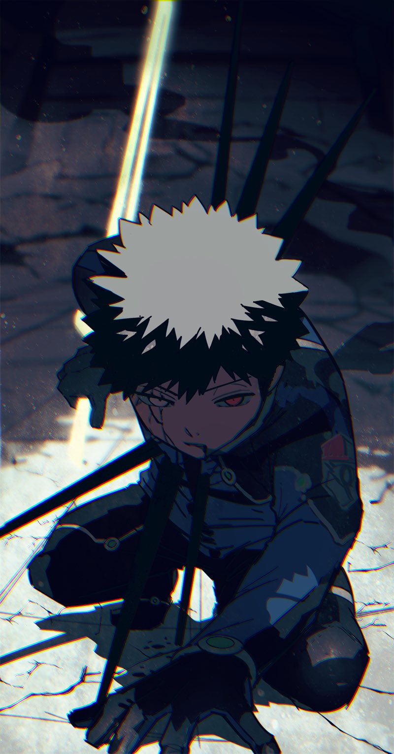 1boy arm_support badge black_gloves black_pants blurry chromatic_aberration crack cracked_floor cracked_skin depth_of_field energy_sword fighting_stance gloves glowing glowing_sword glowing_weapon hand_on_ground heterochromia highres impaled injury jacket kazama_souya kazama_squad&#039;s_uniform kzmsnmjkk long_sleeves looking_at_viewer male_focus on_ground on_one_knee pants red_eyes reverse_grip shoes short_hair smoke solo sword weapon world_trigger