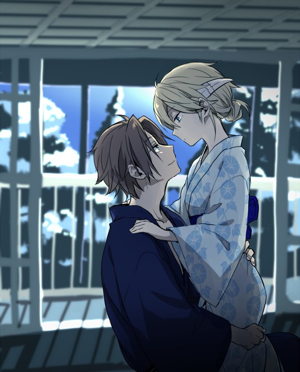 1boy 1girl 7100potechi blue_kimono blurry brown_hair depth_of_field eye_contact floral_print from_side genderswap genderswap_(mtf) hair_bun hand_on_another&#039;s_hip hand_on_another&#039;s_thigh hands_on_another&#039;s_shoulders horns hyuse indoors japanese_clothes jin_yuuichi kimono lifting_person light_brown_hair long_hair long_sleeves looking_at_another obi profile railing sash short_hair single_hair_bun snow updo world_trigger yukata