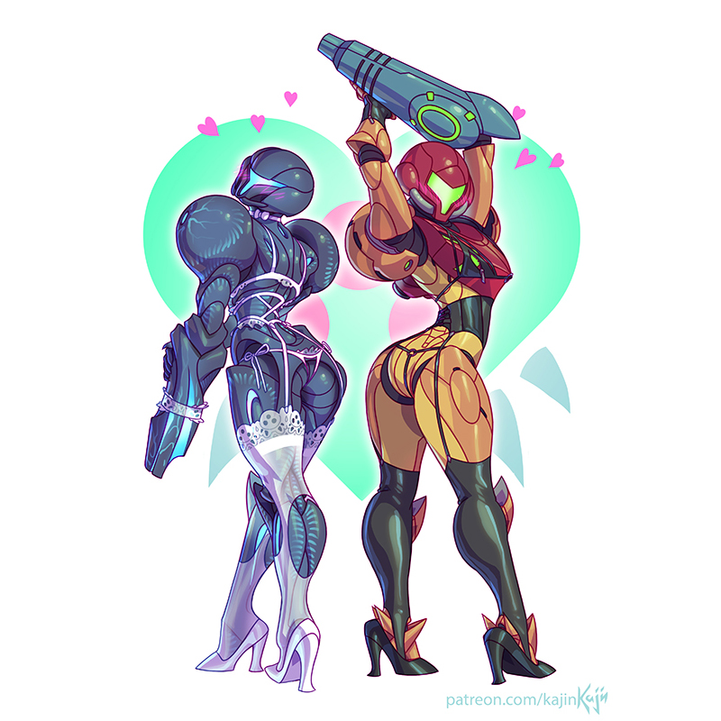 2girls armcannon armor arms_up ass back-to-back black_legwear blush corset dark_samus facing_viewer garter_belt garter_straps heart heart_background high_heels kajin_(kajinman) metroid multiple_girls nintendo power_suit_(metroid) samus_aran standing thighhighs underwear underwear_only varia_suit white_background white_legwear