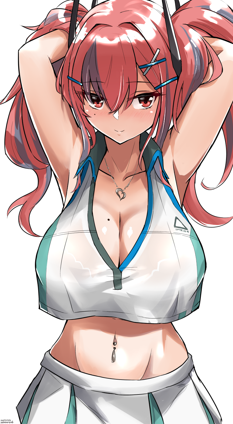 1girl armpits arms_behind_head arms_up azur_lane bad_id bad_pixiv_id blush bra breasts bremerton_(azur_lane) bremerton_(scorching-hot_training)_(azur_lane) cleavage commentary_request cowboy_shot crop_top crop_top_overhang female_focus grey_hair hair_between_eyes hair_ornament hairclip highres large_breasts light_smile long_eyelashes long_hair looking_at_viewer midriff mole mole_on_breast multicolored_hair navel navel_piercing niceratus_kiotensis piercing pink_eyes pink_hair shirt sleeveless sleeveless_shirt solo sportswear streaked_hair tennis_uniform twintails two-tone_shirt underwear