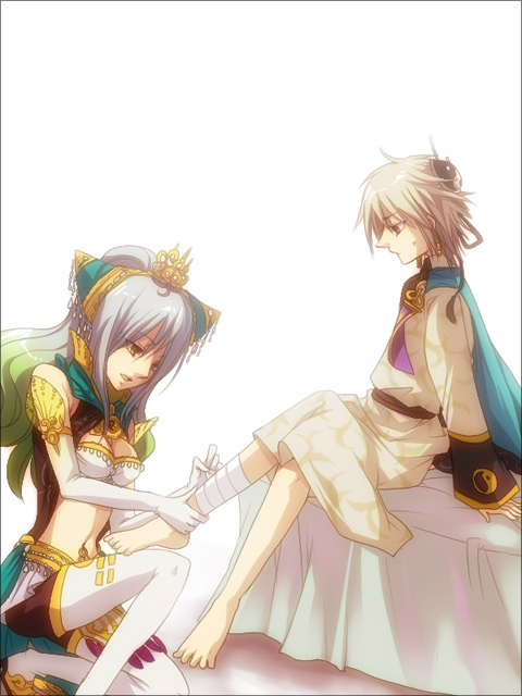 1boy 1girl barefoot blonde_hair cape expressionless long_sleeves musou_orochi musou_orochi_2 nu_wa shaded_face short_hair silver_hair simple_background sitting table taigong_wang_(musou_orochi) toes uniform white_background