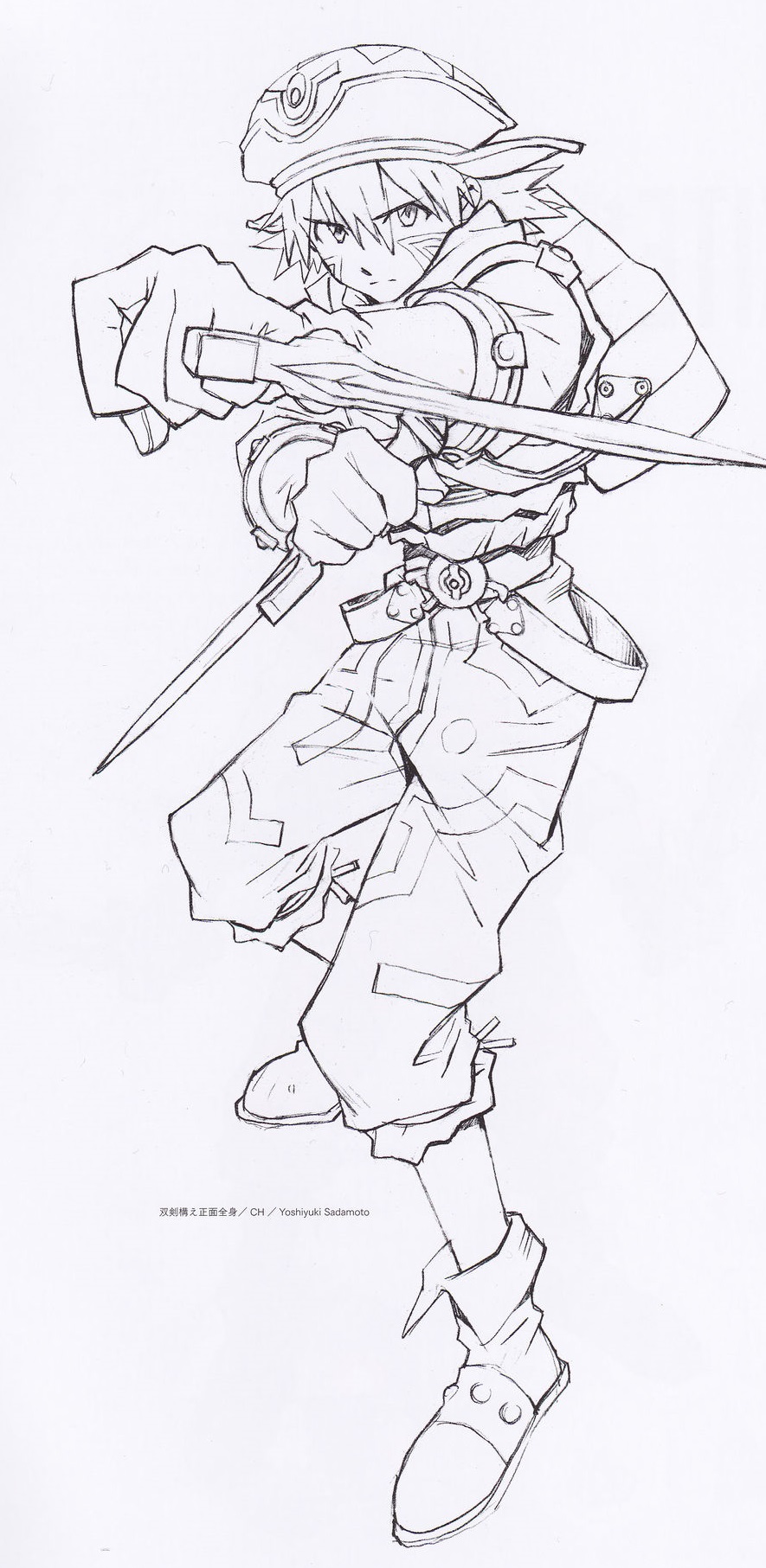 .hack// 1boy bag belt boots cyberconnect2 dagger gloves hat highres kite_(.hack//) knife male_focus medium_hair official_art production_art sadamoto_yoshiyuki scan solo standing traditional_media weapon