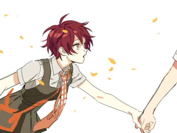 1boy 1girl collared_shirt commentary_request cowboy_shot danganronpa_(series) danganronpa_2:_goodbye_despair dg_xhs dress from_side green_dress grey_eyes hinata_hajime holding_hands koizumi_mahiru korean_commentary leaning_forward looking_ahead open_mouth out_of_frame petals pinafore_dress red_hair shirt short_hair short_sleeves simple_background sleeveless sleeveless_dress standing white_background white_shirt