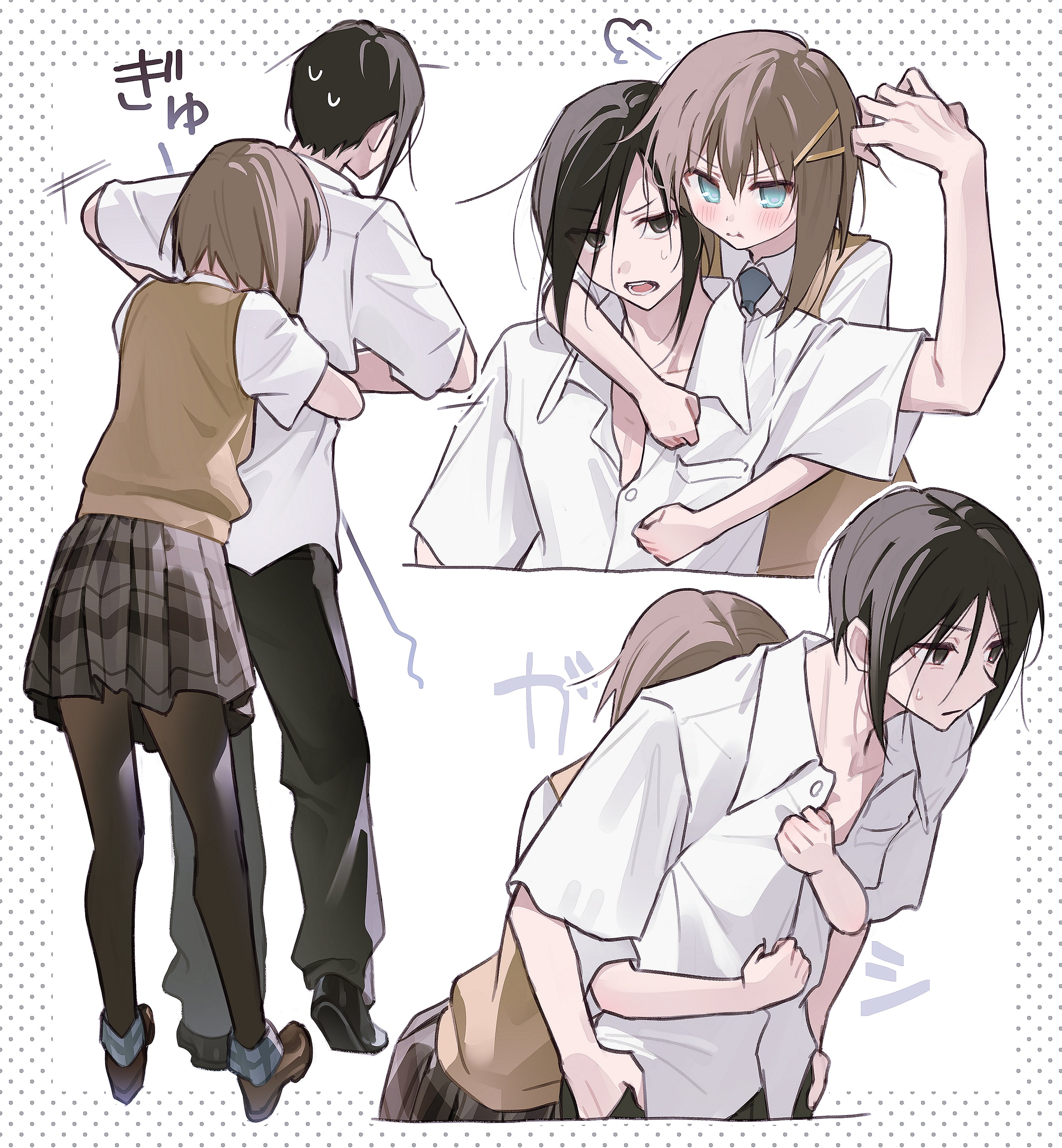 1boy 1girl :t absurdres annoyed aqua_eyes black_eyes black_hair black_pantyhose black_skirt blush brother_and_sister brown_hair brown_sweater_vest dress_shirt hair_ornament hairclip height_difference highres hug hug_from_behind loafers looking_at_another mamiya_hasaki miniskirt mofukoke multiple_views pantyhose plaid_clothes plaid_skirt pleated_skirt polka_dot polka_dot_background puff_of_air school_uniform shirt shoes short_hair short_sleeves siblings skirt standing subarashiki_hibi sweatdrop sweater_vest v-shaped_eyebrows white_background white_shirt yuuki_tomosane