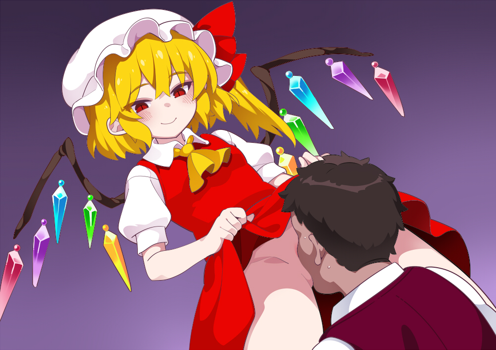 1boy 1girl blonde_hair closed_mouth crystal_wings cunnilingus flandre_scarlet hammer_(sunset_beach) hat hetero loli mob_cap oral red_eyes side_ponytail smile touhou white_hat wings