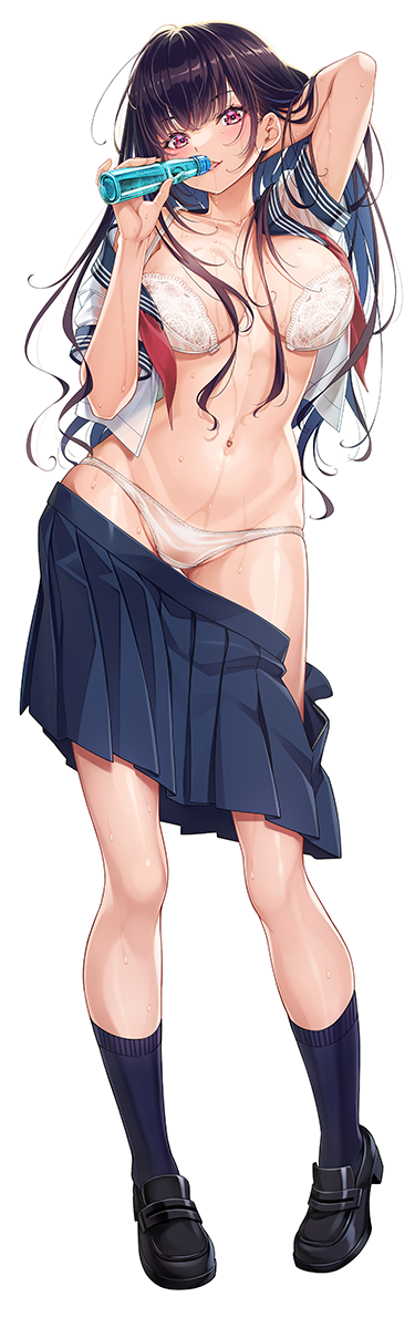 1girl arm_up black_hair black_shoes black_socks blue_sailor_collar blue_skirt bottle bra breasts cleavage clothes_pull collarbone drinking full_body hand_up highres holding holding_bottle ikeda_yasuhiro kneehighs large_breasts loafers long_hair looking_at_viewer navel neckerchief open_clothes open_shirt original panties purple_eyes red_neckerchief sailor_collar school_uniform serafuku shirt shoes simple_background skirt skirt_pull socks solo standing summer_uniform underwear unworn_neckerchief wet wet_clothes wet_shirt white_background white_bra white_panties