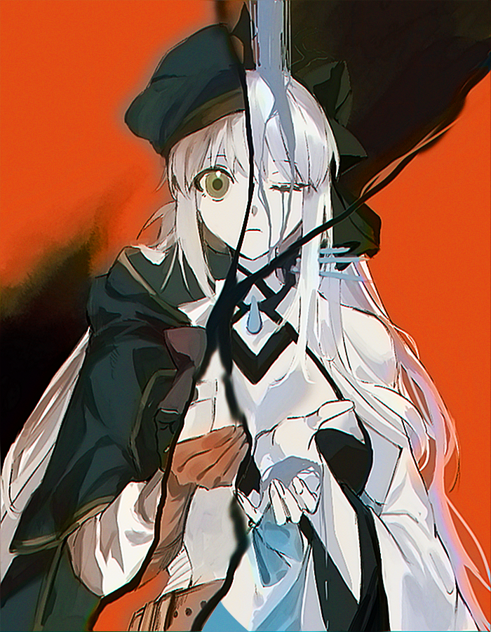 2girls artoria_caster_(fate) artoria_caster_(second_ascension)_(fate) artoria_pendragon_(fate) black_bow bow closed_eyes fate/grand_order fate_(series) green_eyes hair_between_eyes hair_bow hat long_hair looking_at_viewer morgan_le_fay_(fate) morgan_le_fay_(third_ascension)_(fate) multiple_girls outstretched_hand ponytail red_background revealing_layer spikes ss_un17 very_long_hair white_hair