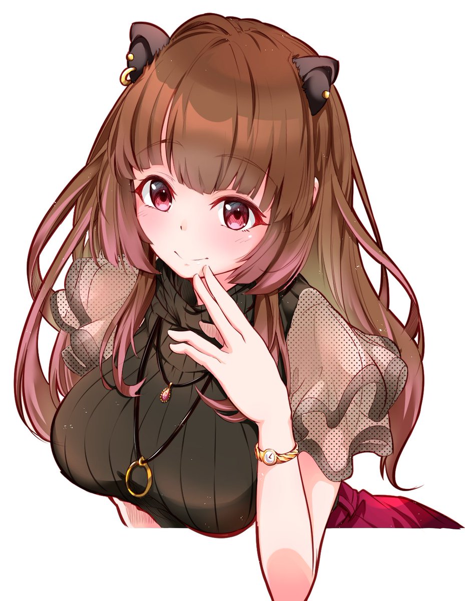 1girl animal_ear_piercing animal_ears black_sweater blunt_bangs blush breasts brown_hair capybara_ears capybara_girl closed_mouth commentary_request earrings extra_ears futatsumuji highres jewelry large_breasts long_hair looking_at_viewer nanashi_inc. pink_eyes red_skirt see-through_clothes see-through_sleeves simple_background skirt smile solo stud_earrings sweater turtleneck turtleneck_sweater upper_body vertical-striped_sweater virtual_youtuber watch white_background wristwatch yunohara_izumi