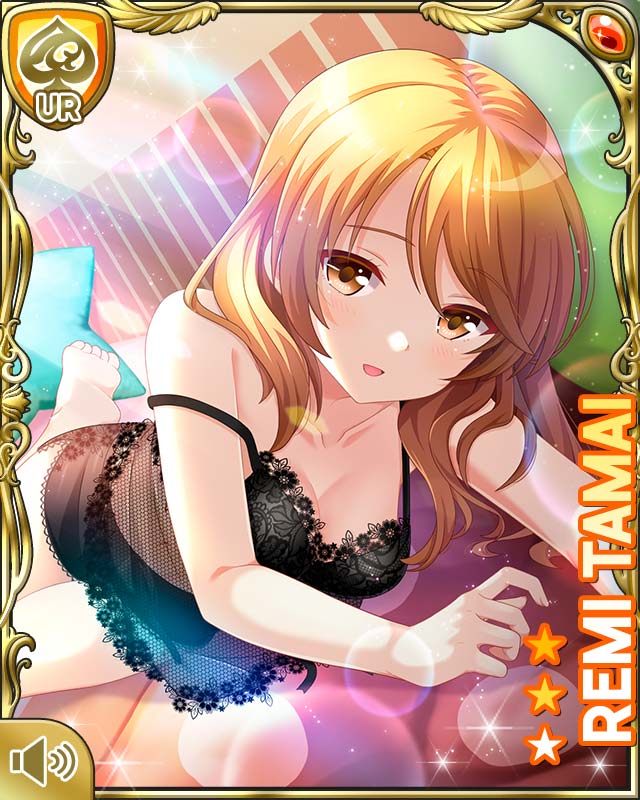 1girl bare_legs bare_shoulders barefoot bedroom black_shirt black_shorts breasts brown_eyes brown_hair card_(medium) cleavage day girlfriend_(kari) indoors looking_at_viewer low_twintails lying official_art on_bed on_stomach open_mouth qp:flapper shirt shorts sleepwear smile solo tagme tamai_remi twintails