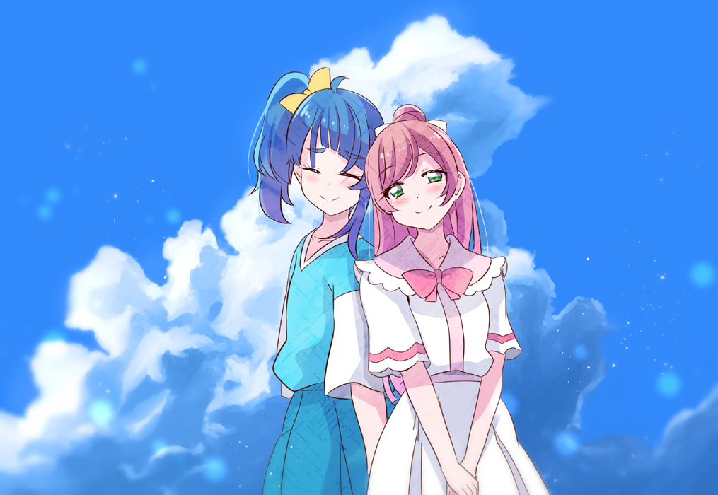 2girls blue_eyes blue_hair blue_shirt blue_skirt blue_sky bow bowtie casual closed_eyes closed_mouth cloud cloudy_sky collared_dress commentary day dress facing_viewer green_eyes hair_bow hair_bun hair_ribbon half-closed_eyes hirogaru_sky!_precure light_blush long_hair looking_at_viewer medium_hair mitumi_mira multiple_girls nijigaoka_mashiro outdoors pink_bow pink_bowtie pink_hair pleated_skirt precure ribbon shirt short_sleeves side-by-side side_ponytail single_hair_bun single_sidelock skirt sky smile sora_harewataru standing t-shirt two-tone_shirt v-neck v_arms white_dress white_ribbon white_shirt yellow_bow
