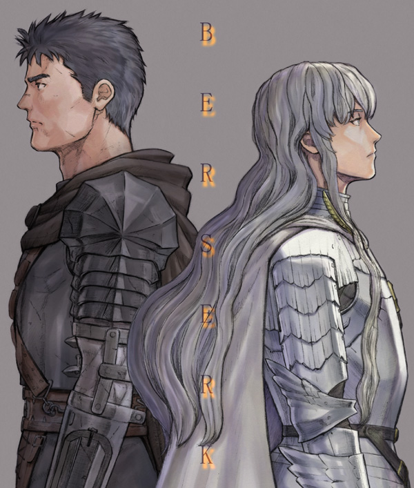 2boys armor berserk black_hair cape copyright_name fuji_(d38635s10) griffith_(berserk) guts_(berserk) long_hair male_focus multiple_boys scar sidelocks silver_hair wavy_hair