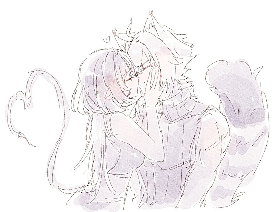 1boy 1girl animal_ear_fluff animal_ears black_hair breasts cat_boy cat_ears cat_tail closed_eyes commentary_request from_side greyscale hair_between_eyes hands_on_another&#039;s_cheeks hands_on_another&#039;s_face heart heart_tail hetero jane_doe_(zenless_zone_zero) kiss long_hair medium_breasts milk_(ohota_ye1) monochrome mouse_ears mouse_girl mouse_tail ribbed_sweater scar scar_on_shoulder seth_lowell sharp_tail short_hair simple_background sleeveless sleeveless_sweater sweater tail upper_body white_background white_hair zenless_zone_zero