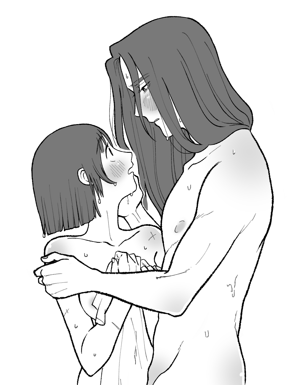 1boy 1girl blush breasts commentary_request fang_(my_time_at_sandrock) greyscale height_difference hetero highres holding holding_towel long_hair lucy_(my_time_at_sandrock) medium_breasts medium_hair monochrome mugicha_(zoro1132) my_time_at_portia my_time_at_sandrock nude towel wet