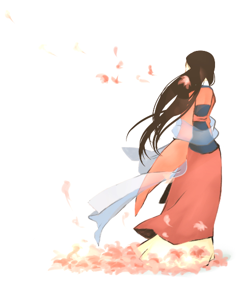1girl back black_hair china_dress chinese_clothes dress fa_mulan_(disney) facing_away falling_petals hanfu izusetsu long_hair mulan_(movie) petals sash simple_background solo very_long_hair white_background