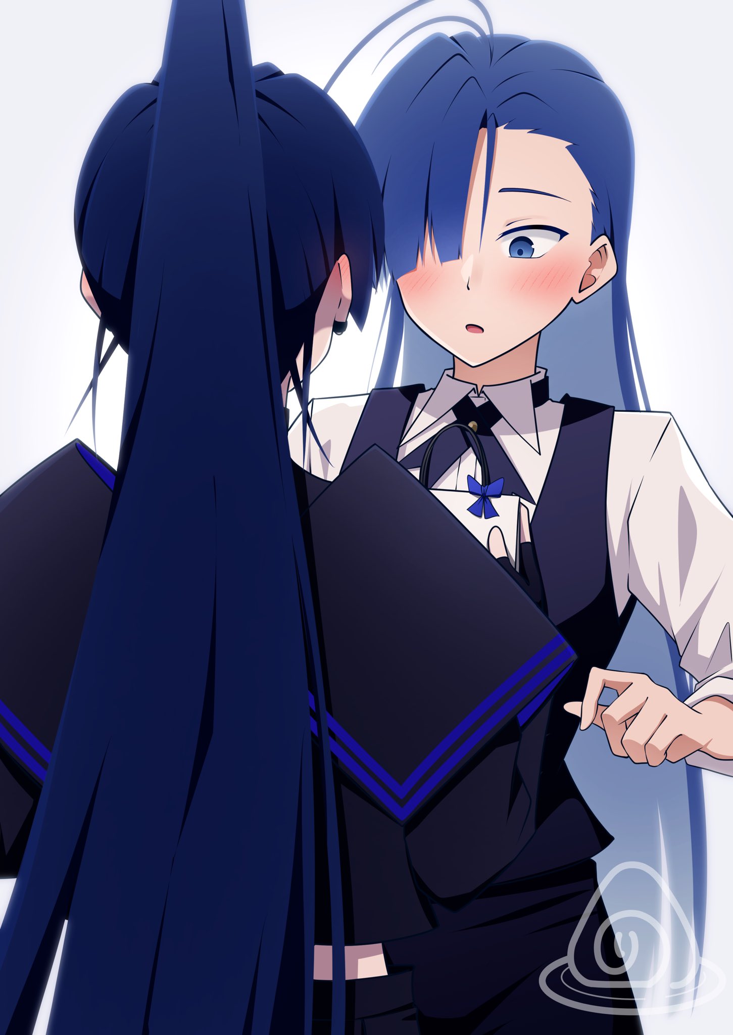 2girls ado_(utaite) ahoge black_gloves black_pants black_ribbon black_shirt black_vest blue_hair blush collared_shirt commentary_request dress_shirt fingerless_gloves gift gloves hair_over_one_eye highres long_hair merry_(ado) midriff_peek multiple_girls naima_(ado) neck_ribbon nori_(norinori_yrl) open_mouth pants ponytail readymade_(ado) ribbon shirt simple_background three-quarter_sleeves usseewa very_long_hair vest white_background white_shirt