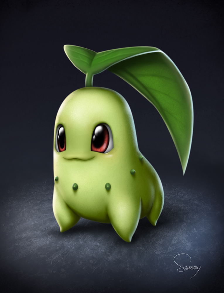 chikorita full_body gen_2_pokemon leaf nintendo no_humans pokemon pokemon_(creature) pokemon_focus red_eyes sam_delatore signature smile solo