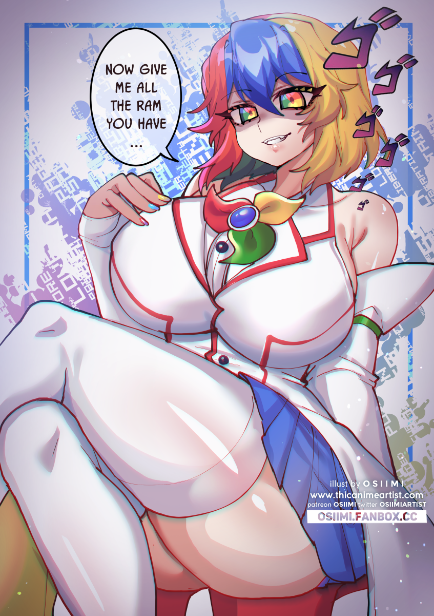 1girl alt_text bare_shoulders blonde_hair blue_eyes blue_hair blush breasts commentary crossed_legs detached_sleeves english_commentary english_text evil_grin evil_smile gloves google_chrome google_chrome_(merryweather) green_eyes green_hair grin hair_between_eyes highres huge_breasts internet_explorer_(webcomic) jojo_no_kimyou_na_bouken large_breasts looking_at_viewer menacing_(jojo) multicolored_eyes multicolored_hair nail_polish open_mouth osiimi personification product_girl red_eyes red_hair shaded_face short_hair skirt smile solo sound_effects speech_bubble thighhighs thighs watermark white_thighhighs yellow_eyes