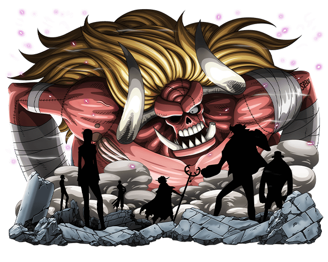 arm_tattoo bandages blonde_hair bodskih franky_(one_piece) holding holding_staff horns long_hair oars one_piece one_piece_treasure_cruise open_mouth sanji_(one_piece) sogeking staff standing tattoo transparent_background usopp very_long_hair